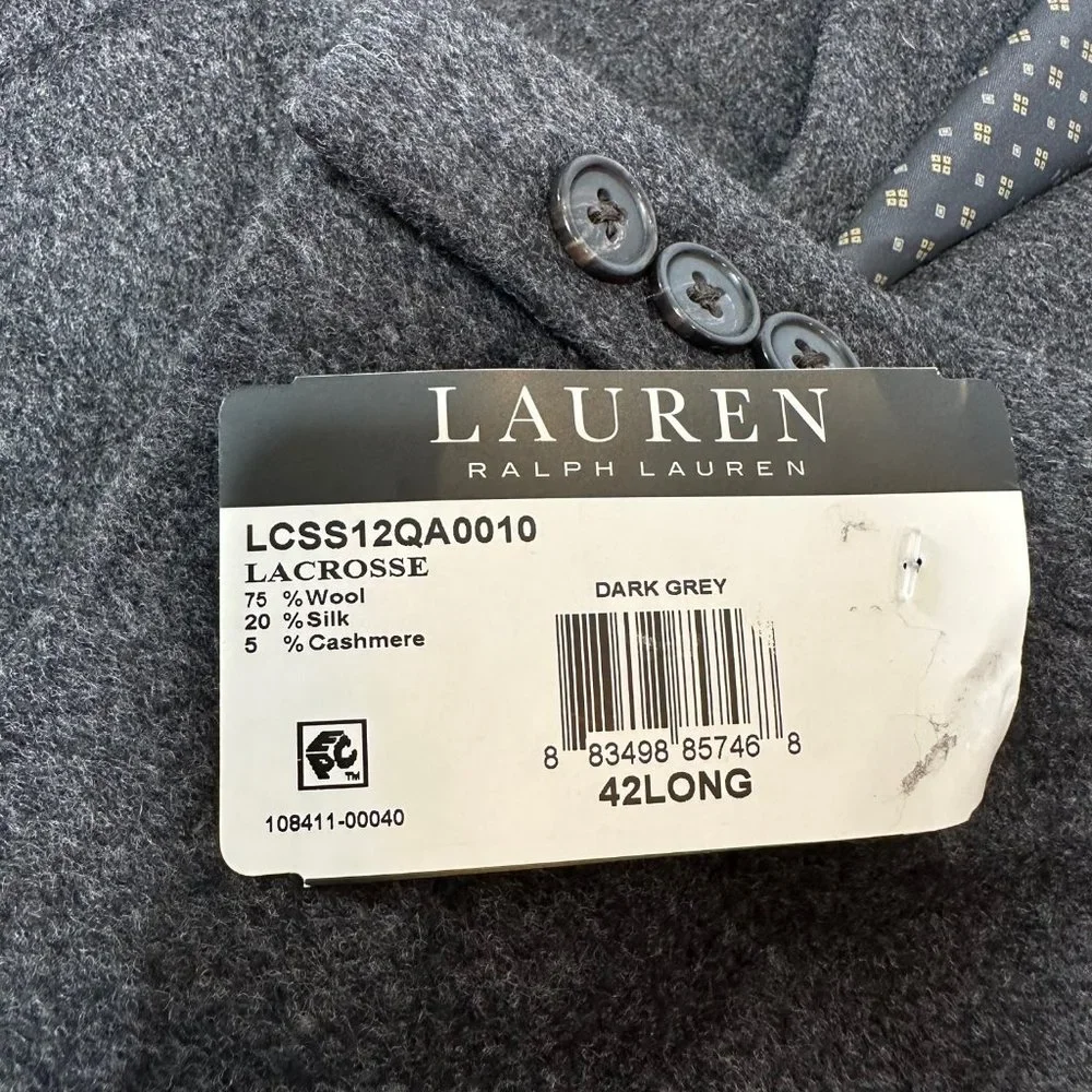 Lauren Ralph Lauren Men's‎ Blazer Lacrosse Grey 42Long Wool, Silk, Cashmere $450